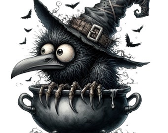 12 Funny Crow Cauldron Png, Witch Raven Halloween Spooky Bird Artwork