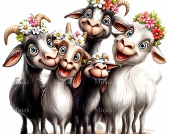12 PNG Ilustración de Cabra con Flores en Granja Rebaño Animales Rústicos Imprimibles