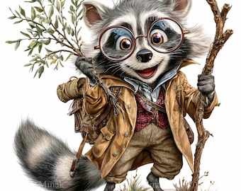 15 PNG Explorer Raccoon Clipart, Nature Hike Animal, Forest School Junk Journal