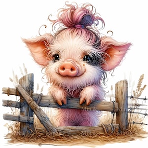 12 imágenes PNG de cerdos adorables: cerdito de ojos grandes con moño rosa tras una valla. Descarga digital de adorables animales de granja.