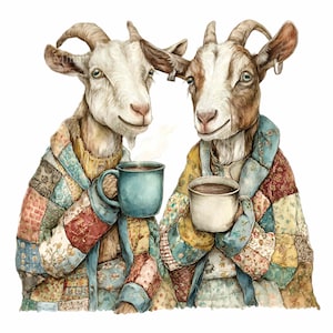 15 PNG Goat Couple Coffee | Watercolor Goats in Robes Clipart | Funny Farm Animal Digital Download