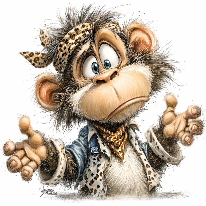 May include: Cartoon illustration of a monkey with a distressed expression. The monkey wears a leopard print bandana, a denim jacket, and a patterned scarf. Its arms are outstretched, and it has a white chest and a light brown face.