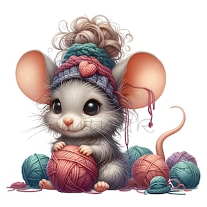 14 Süße Maus PNG Clipart mit Wollknäuel & Strickmütze | Entzückende strickende Maus Illustration für Kinder Basteln und Winter Dekor