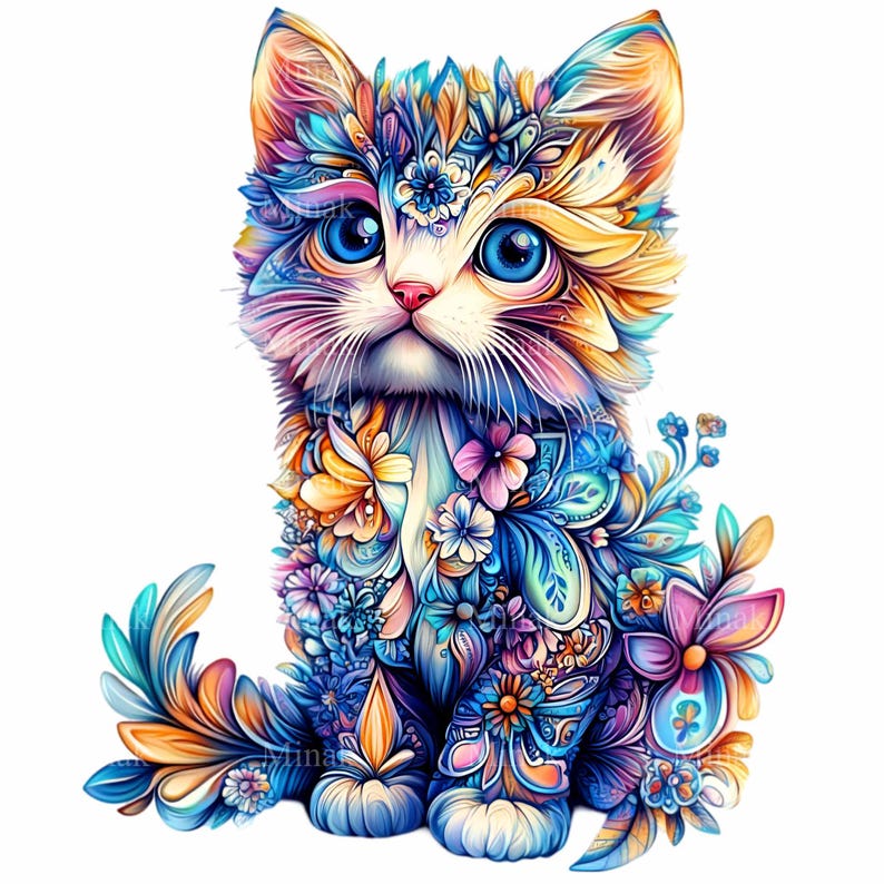 12 PNG Cat Clipart, Colorful Floral Kitten Illustration, Animal Wall ...