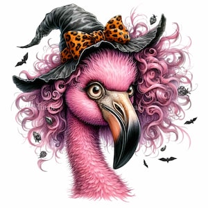 11 PNG de Bruxa Flamingo Rosa Halloween PNG, Clipart de Flamingo de Cabelo Cacheado, Download Digital de Pássaro Assustador, Sublimação de Animais de Halloween