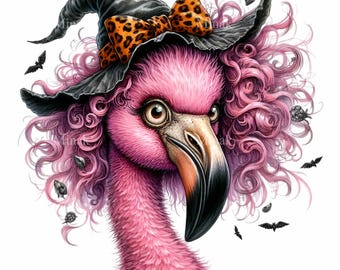 11 PNG Witch Flamingo Clipart, Pink Leopard Bow Bird, Spooky Tropical