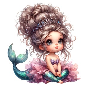15 imágenes PNG de princesas sirenas, ilustraciones caprichosas del océano, arte digital adorable para manualidades