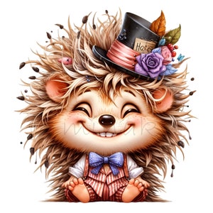 14 simpatici ricci PNG Clipart con cappello a cilindro, fiori e papillon – Animale sorridente del bosco in abito elegante per sublimazione