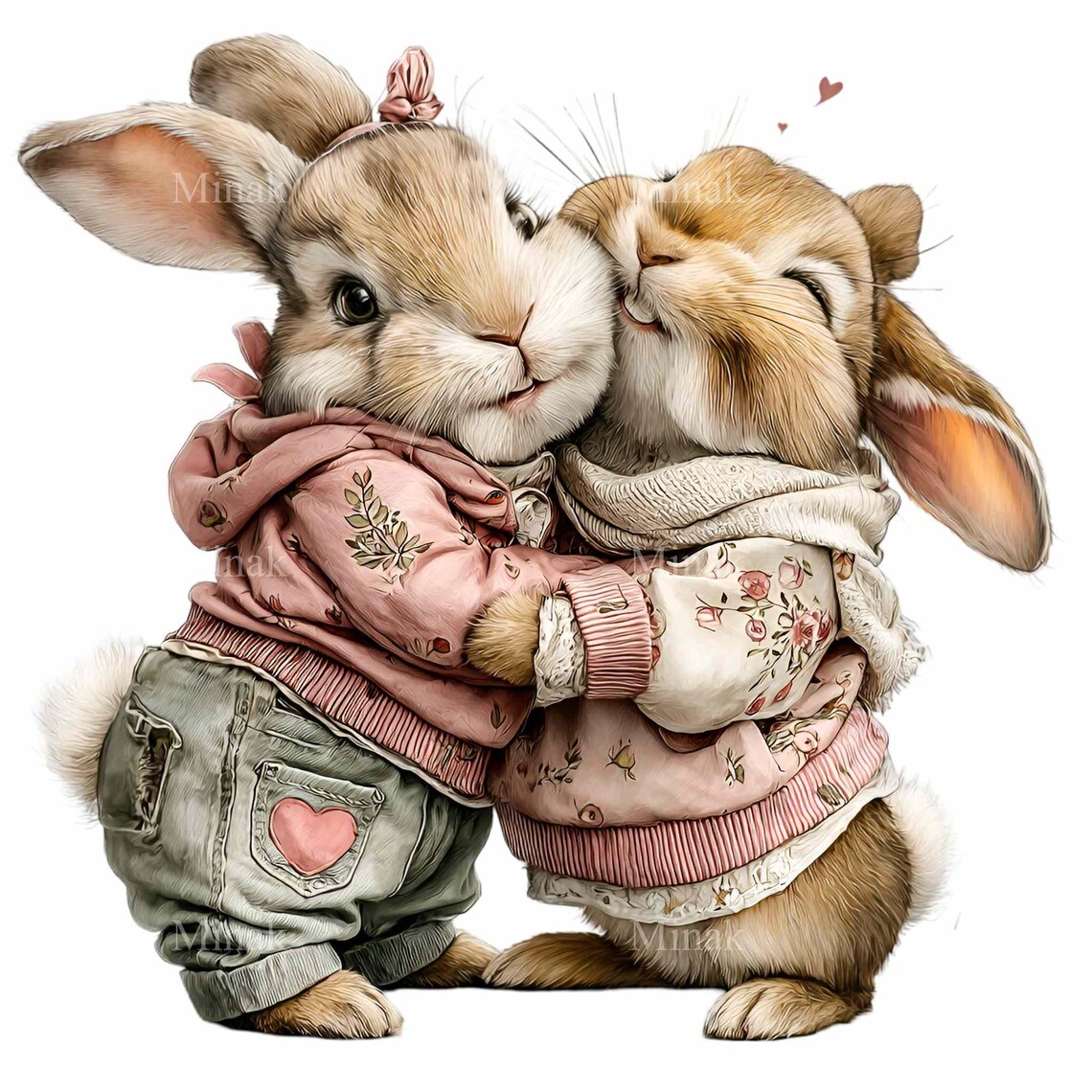 Ghugging Rabbits 15 PNG Bunny Couple Clipart – Hugging Rabbits Watercolor Friends ...