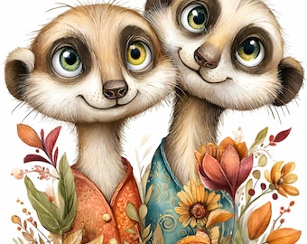 15 Meerkat Pair PNG, Autumn Floral Animal Sublimation Wildlife Clothing Graphic