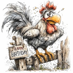 12 PNG Funny rooster greeting – Birthday clipart PNG – Rustic farm animal art for cards, invitations, kids decor, printable poster