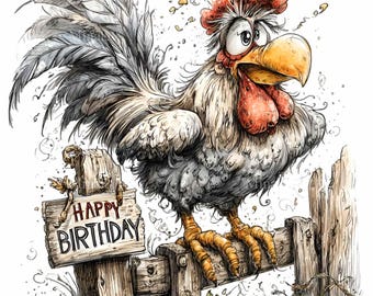 12 PNG Funny Rooster Birthday, Watercolor Chicken Farmhouse Clipart