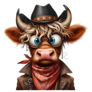 14 Cowboy Highland Kuh PNG, lustiger Western Stier mit Hut und Brille, niedlicher Bauernhof Tier Clipart für Sublimation und Kunsthandwerk
