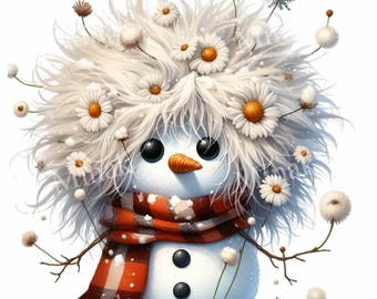 15 PNG Floral snowman clipart – Cute winter snowman PNG – Whimsical holiday character for cards, crafts, sublimation, printable art