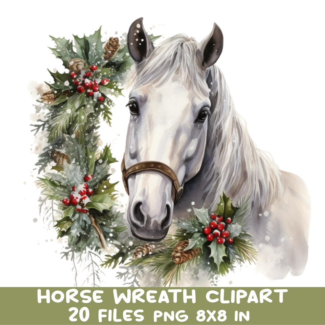 Christmas Horse Wreath Clipart PNG White Horse With Holiday Wreath ...