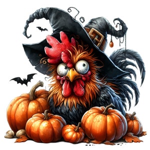 14 lustige Halloween Hahn PNG Clipart, verrücktes Huhn im Hexenhut mit Kürbissen, digitaler Download für Sublimation