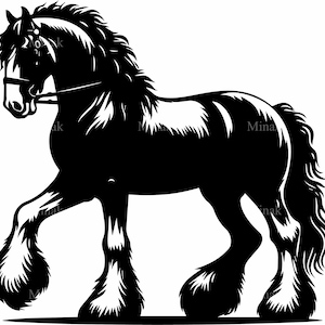 Op de afbeelding: Een zwart-wit silhouet van een paard met een lange manen en staart. Het paard staat met zijn voorbeen omhoog, alsof het gaat lopen.