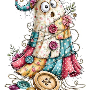Peut inclure: Une illustration de fantôme en dessin animé avec un corps en tissu patchwork aux motifs floraux et à pois roses, bleus et blancs. Le fantôme porte une fleur rose sur la tête et est décoré de plusieurs boutons colorés et de fils lâches.