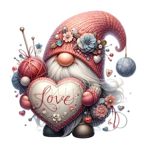 10 cliparts nain de la Saint-Valentin PNG - nain mignon tenant un coeur d'amour PNG - illustration romantique sur le thème du tricot et de la laine