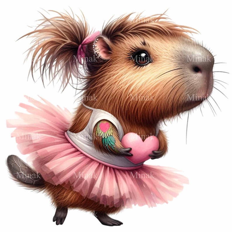 K&ouml;nnte beinhalten: Ein braunes und wei&szlig;es Capybara, das ein rosafarbenes Tutu und ein wei&szlig;es Tanktop mit einem bunten Tattoo auf dem Arm tr&auml;gt. Das Capybara h&auml;lt ein rosa Herz in seinen Pfoten.