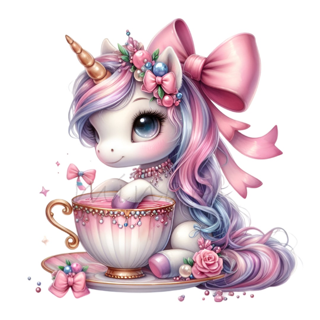 10 Whimsical Unicorn PNG Clipart in Teacup With Pink Bow and Floral ...