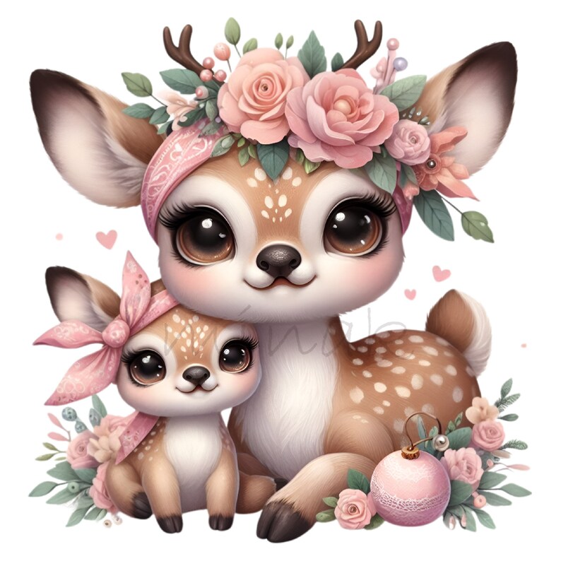 Mother Baby Deer PNG Floral Crown Woodland Fawn Sublimation