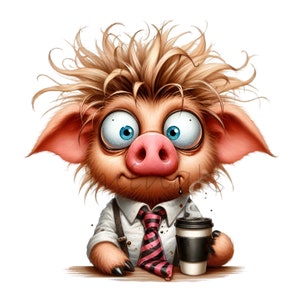12 imágenes PNG de cerdos divertidos con café, imágenes prediseñadas de cerdos soñolientos con camisa y corbata de trabajo, descarga digital de animales de oficina exhaustos