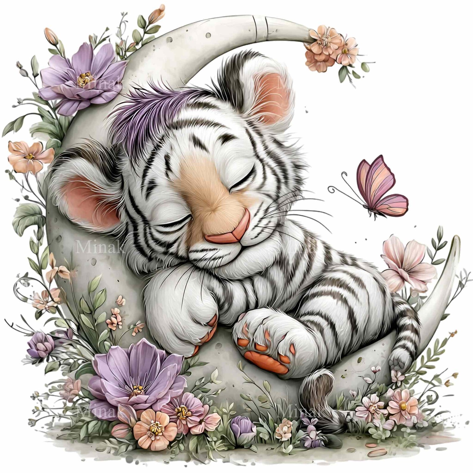 15 PNG Sleeping Tiger Cub – White Baby Tiger on Crescent Moon With ...