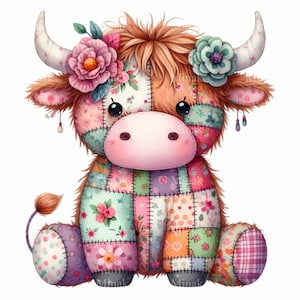 Clipart Vache Highland Patchwork PNG | 10 Illustrations de vache matelassée mignonne | Art animalier en peluche floral à téléchargement numérique