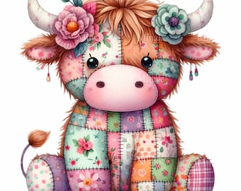 Vaca de las Tierras Altas con diseño de patchwork, clipart PNG, 10 lindas ilustraciones de vacas acolchadas, arte floral de peluche, descarga digital