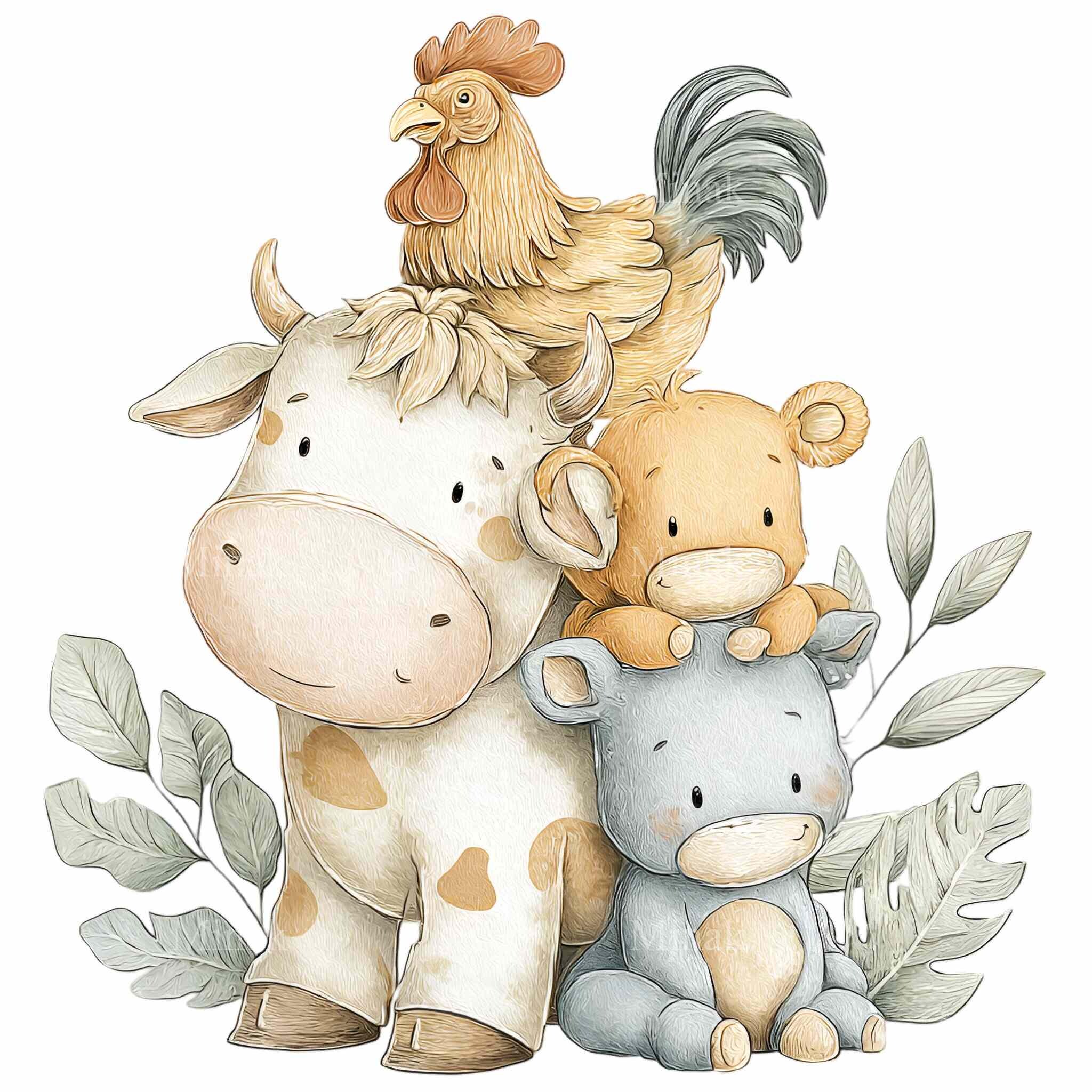 16 PNG Watercolor Farm Animal Clipart – Cow Donkey Chicken Illustration ...