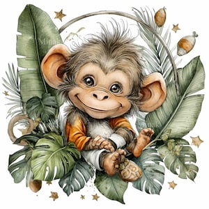 May include: A watercolor illustration of a smiling baby monkey surrounded by tropical leaves and a silver hoop. The monkey wears an orange and white outfit and has large, expressive eyes. The image has a whimsical, jungle theme.