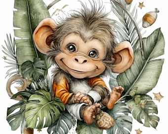 12 PNG Baby Monkey – Jungle Nursery Animal Illustration, Safari Baby Art for Kids Decor