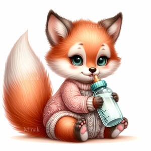 10 PNG mignon bébé renard PNG Clipart - adorable renard roux en pull tenant une bouteille de lait, animal de pépinière des bois, conception de sublimation pour les enfants