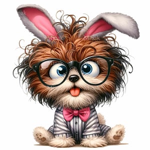 15 graziose orecchie da coniglio per cani PNG Clipart – Cucciolo soffice con occhiali, papillon, pigiama, divertente cane di Pasqua, arte di animali domestici dei cartoni animati