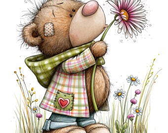 16 PNG Bear Daisy Flower Plaid Jacket, Animal Blossom Clipart