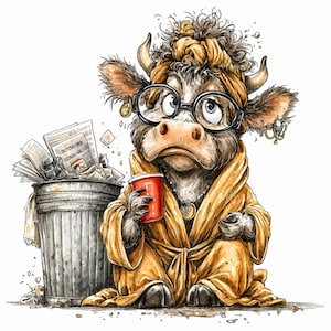 May include: A whimsical illustration of a cow wearing glasses, a yellow robe, and a headscarf, holding a red cup. The cow sits near a trash can overflowing with papers. The cow has a sad expression.