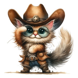 12 Cowboy Katze PNG Clipart mit Hut, Sonnenbrille, Gürtel & Stiefeln | Niedliche Western Sheriff Kätzchen Illustration für Sublimation abd Handwerk