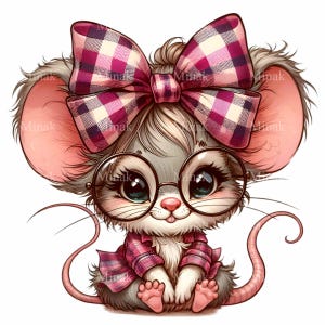 10 cliparts PNG souris avec noeud écossais et lunettes, PNG numérique mignon pour travaux manuels et décoration d'intérieur