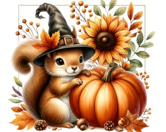 12 PNG Witch Squirrel Halloween Pumpkin Sunflower Fall Clipart