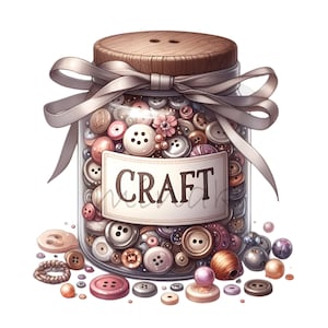 May include: A glass jar filled with colorful buttons, tied with a white ribbon and labeled "CRAFT". The jar is surrounded by loose buttons and beads.