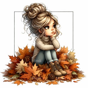 15 Clipart PNG fille automne, jolie fille assise dans les feuilles d'automne, conception numérique de pull, art de la saison d'automne pour les travaux manuels
