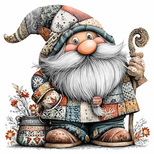 Pode incluir: Ilustração fantasiosa de um gnomo de jardim com uma longa barba branca, usando um chapéu e casaco de retalhos. O gnomo segura um bastão e está ao lado de um vaso decorativo com flores. A paleta de cores inclui azuis, laranjas e marrons.