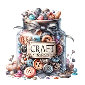 14 Craft Jar PNG Clipart with Colorful Buttons, Pearls, Thread, and Label – Sewing and DIY Craft Room Digital Art