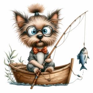 12 PNG Angelhund Cliparts - Cartoon Terrier mit Brille PNG - niedlicher Haustier Fischer im Boot für Sommer See Dekor & Basteln