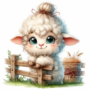 May include: A white fluffy lamb with big blue eyes and a pink nose is peeking over a wooden fence. The lamb has a brown hair bow in its hair.
