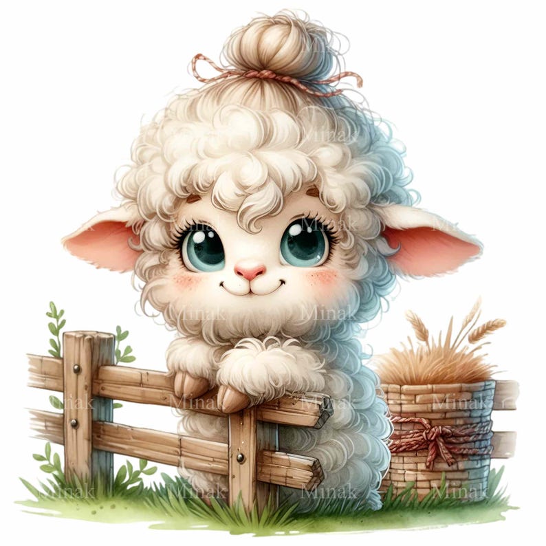 May include: A white fluffy lamb with big blue eyes and a pink nose is peeking over a wooden fence. The lamb has a brown hair bow in its hair.