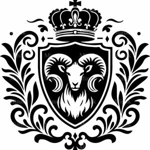 7 SVG Ram Crest SVG Cut File Silhouette di ariete cornuto con corona e alloro per Cricut, scudo araldico di animali SVG per artigianato