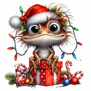 12 PNG lustige Weihnachtseidechse Clipart, niedliches Reptil mit Weihnachtsmütze PNG, Cartoon Eidechse auf Geschenkbox, Urlaub Dekor