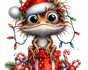 12 Christmas Reptile Dragon Png, Lizard Santa Hat Tree Light Graphic Art